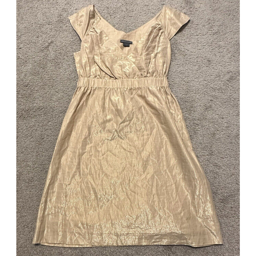 AX Armani Exchange Women 2 Dress Cotton Lurex Sleeveless V- Neck Gold Metallic